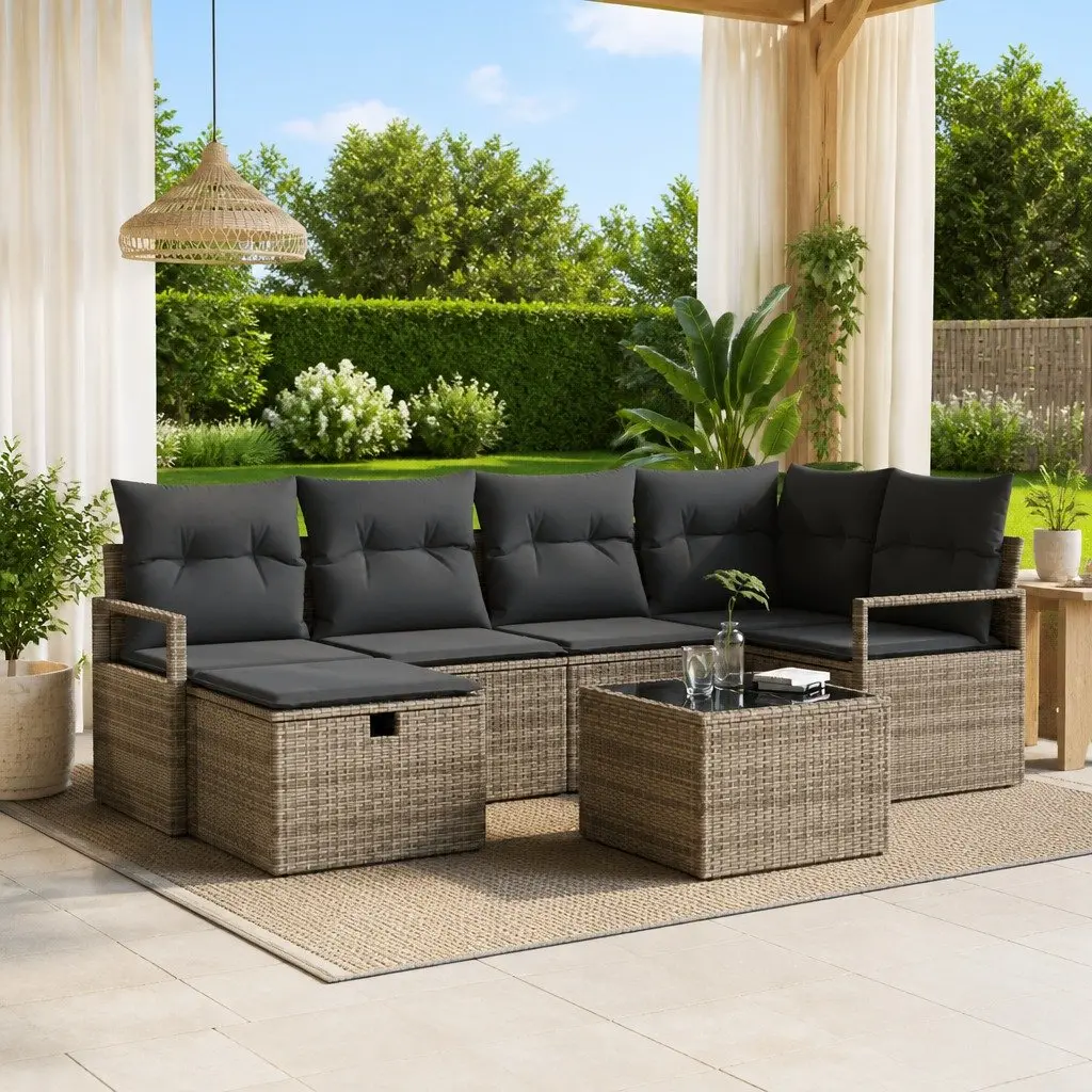 Modular Outdoor Sofa Set 7 Piece Grey Poly Rattan with Removable Cushions