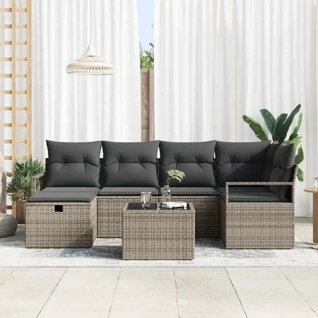 Modular Outdoor Sofa Set 7 Piece Grey Poly Rattan with Removable Cushions