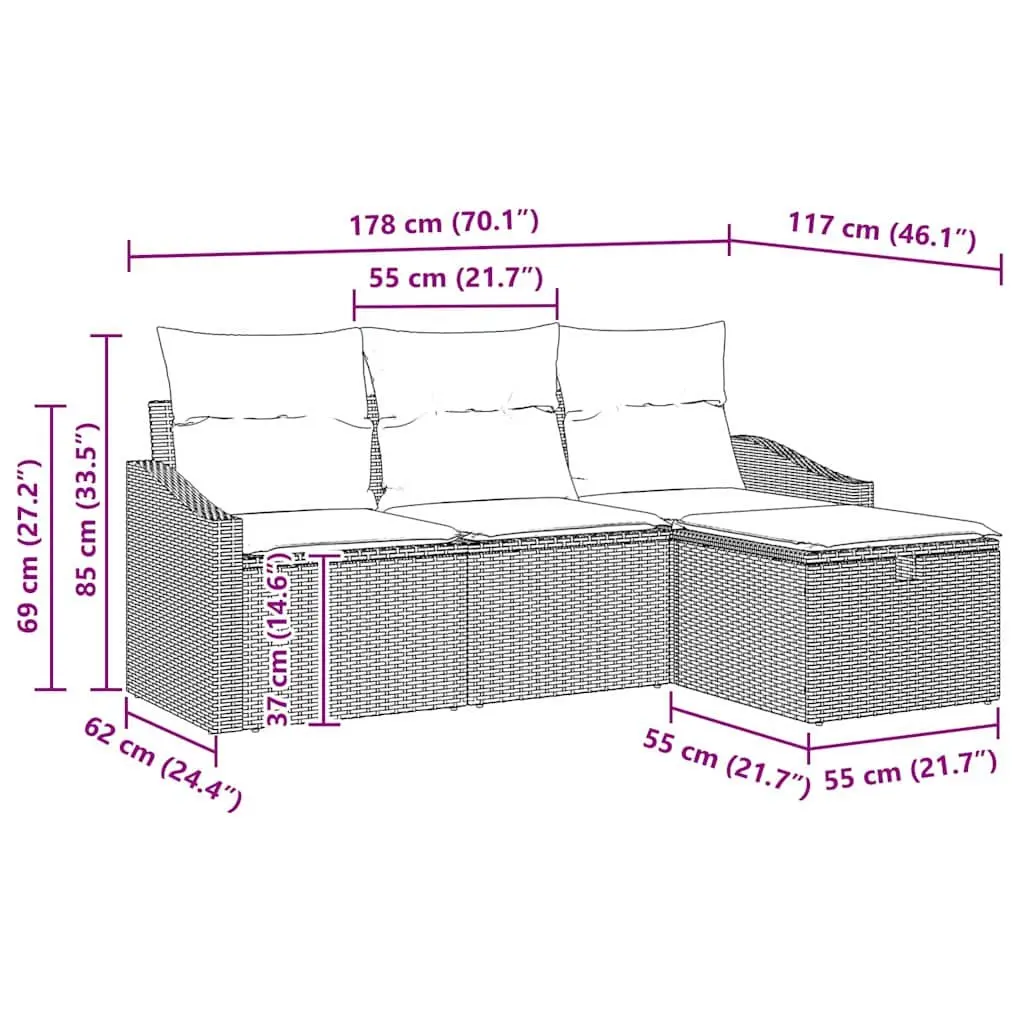 Outdoor Sofa Set 4 Pieces Grey Poly Rattan Garden Furniture Modular Lounge