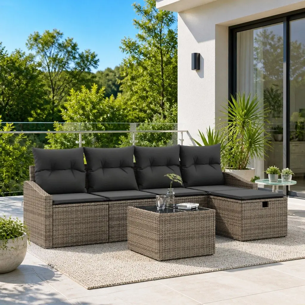 5 Piece Modular Garden Sofa Set Grey Poly Rattan with Cushions Outdoor Patio Furniture