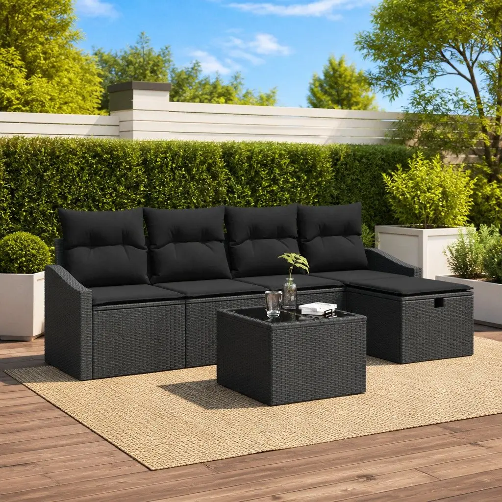 Outdoor Sofa Set 6 pcs Poly Rattan Black Garden Furniture Modular Seating Lounge