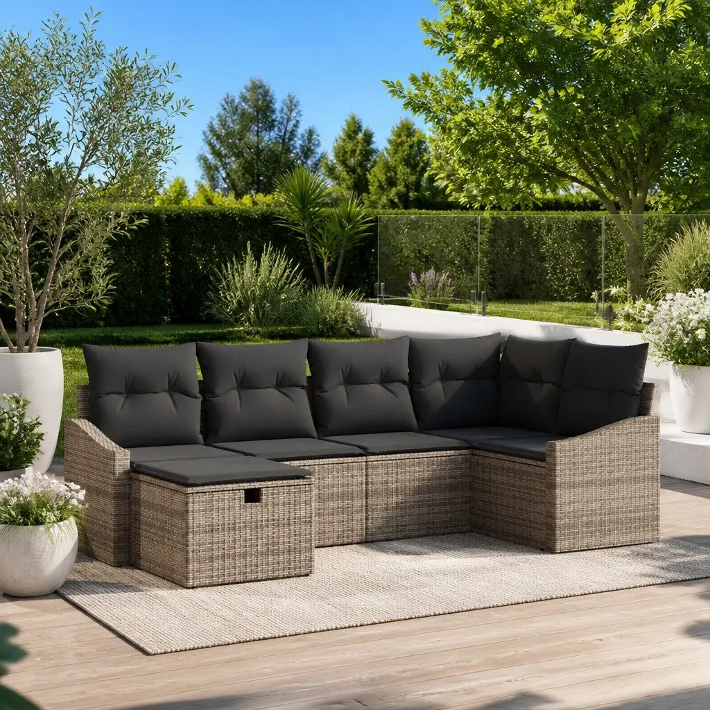 Outdoor Sofa Set Modern Garden Furniture 7 Piece Grey Poly Rattan with Cushions