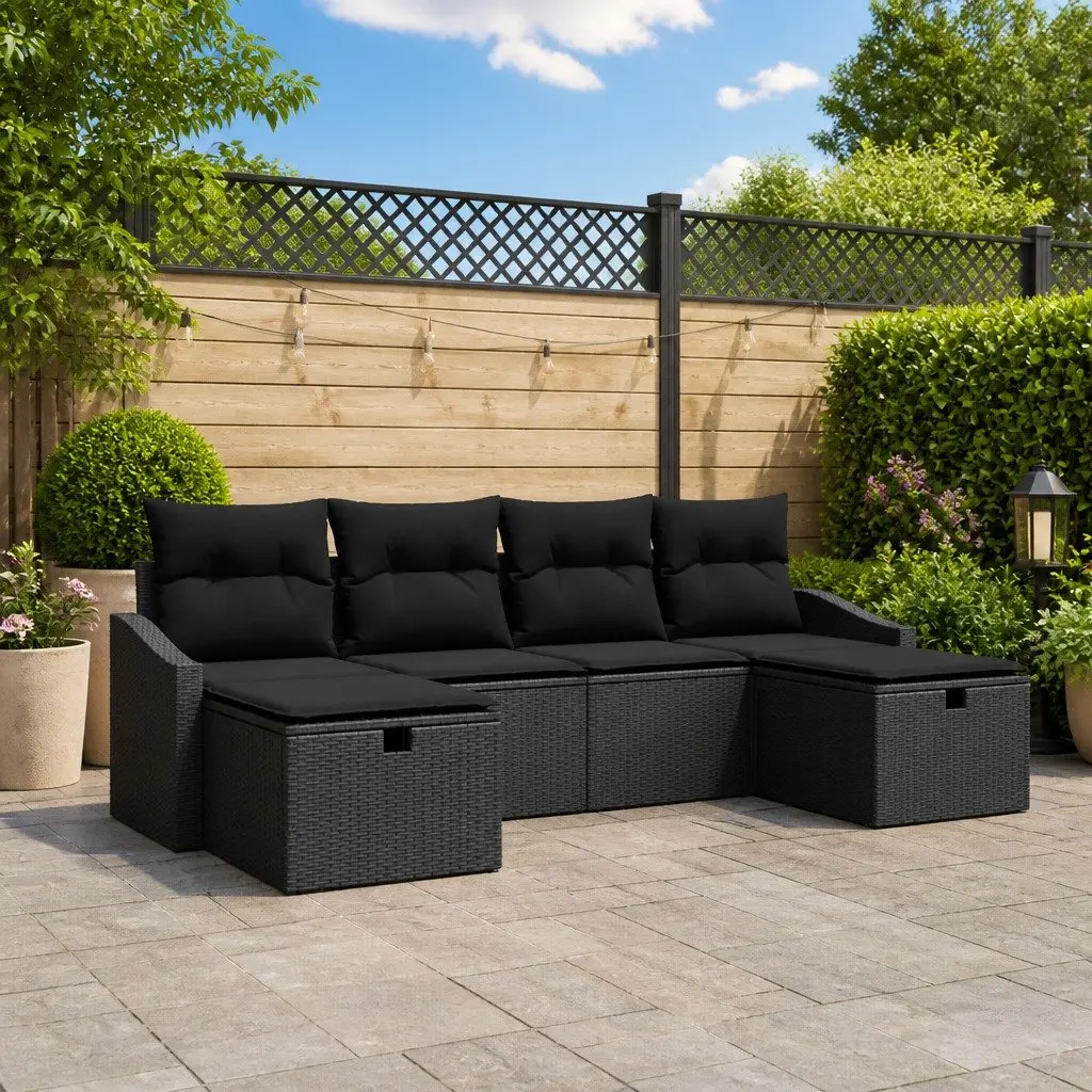 Outdoor Sofa Set Modular Poly Rattan Garden Seating with Cushions Black 6 Piece