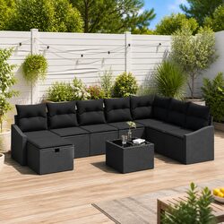 Outdoor Sofa Set 8 Pieces Black Poly Rattan Garden Patio Furniture Modular