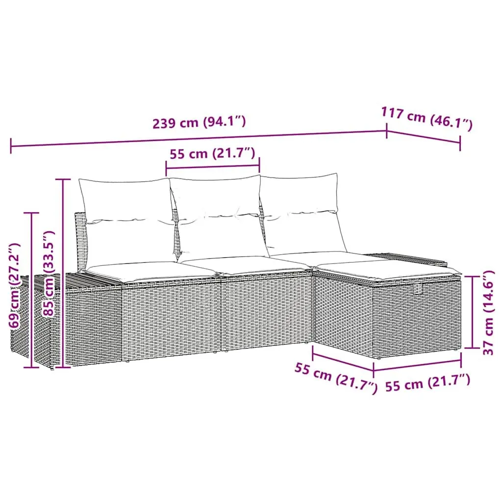 Outdoor Sofa Set 4 Piece Black Poly Rattan Garden Lounge Furniture with Cushions