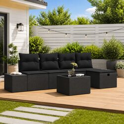 Outdoor Sofa Set 5 Piece Black Poly Rattan Garden Furniture Modular Patio