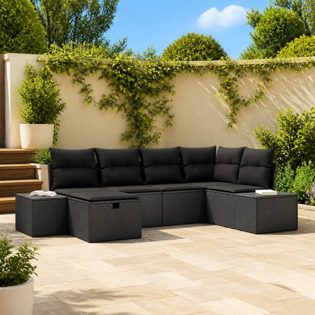Modular Outdoor Sofa Set Black Poly Rattan 6 Piece Garden Patio Seating