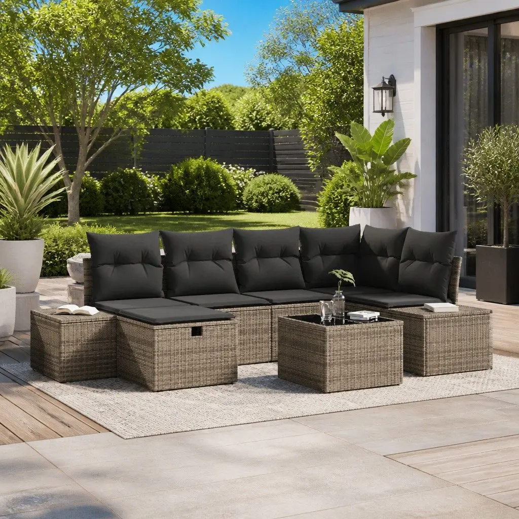 Outdoor Sofa Set Modular Garden Seating 7 Pieces Grey Poly Rattan with Cushions