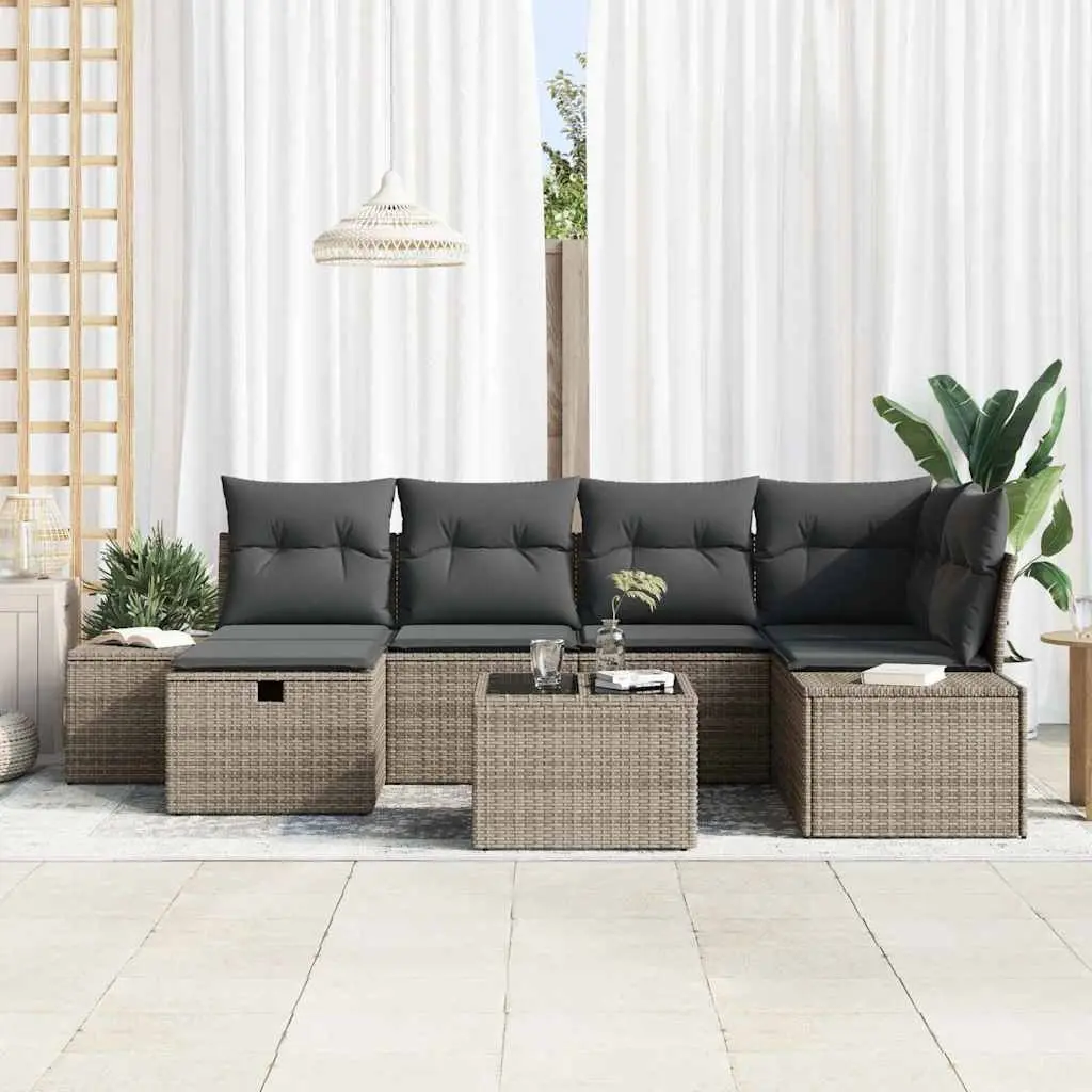 Outdoor Sofa Set Modular Garden Seating 7 Pieces Grey Poly Rattan with Cushions