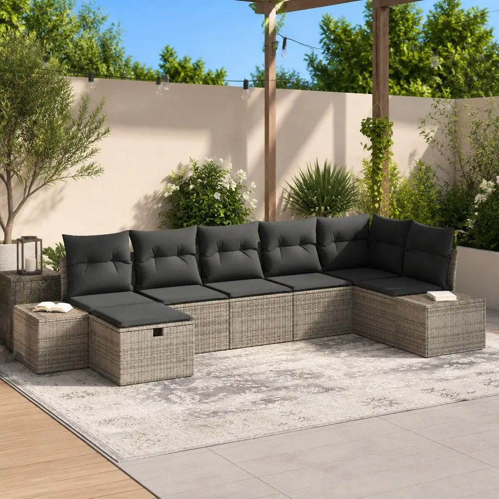 7 Piece Modular Garden Sofa Set Grey Poly Rattan Outdoor Furniture with Cushions