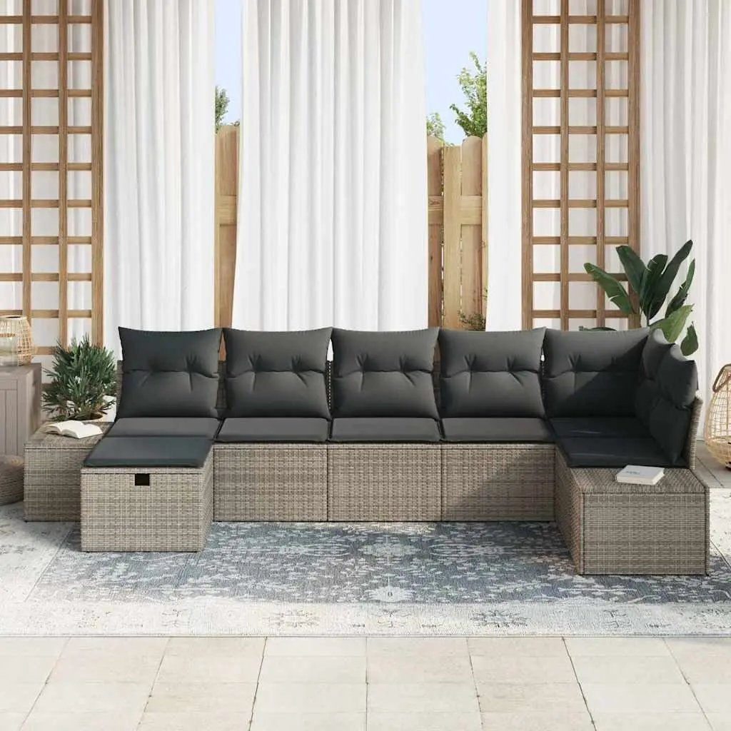 7 Piece Modular Garden Sofa Set Grey Poly Rattan Outdoor Furniture with Cushions