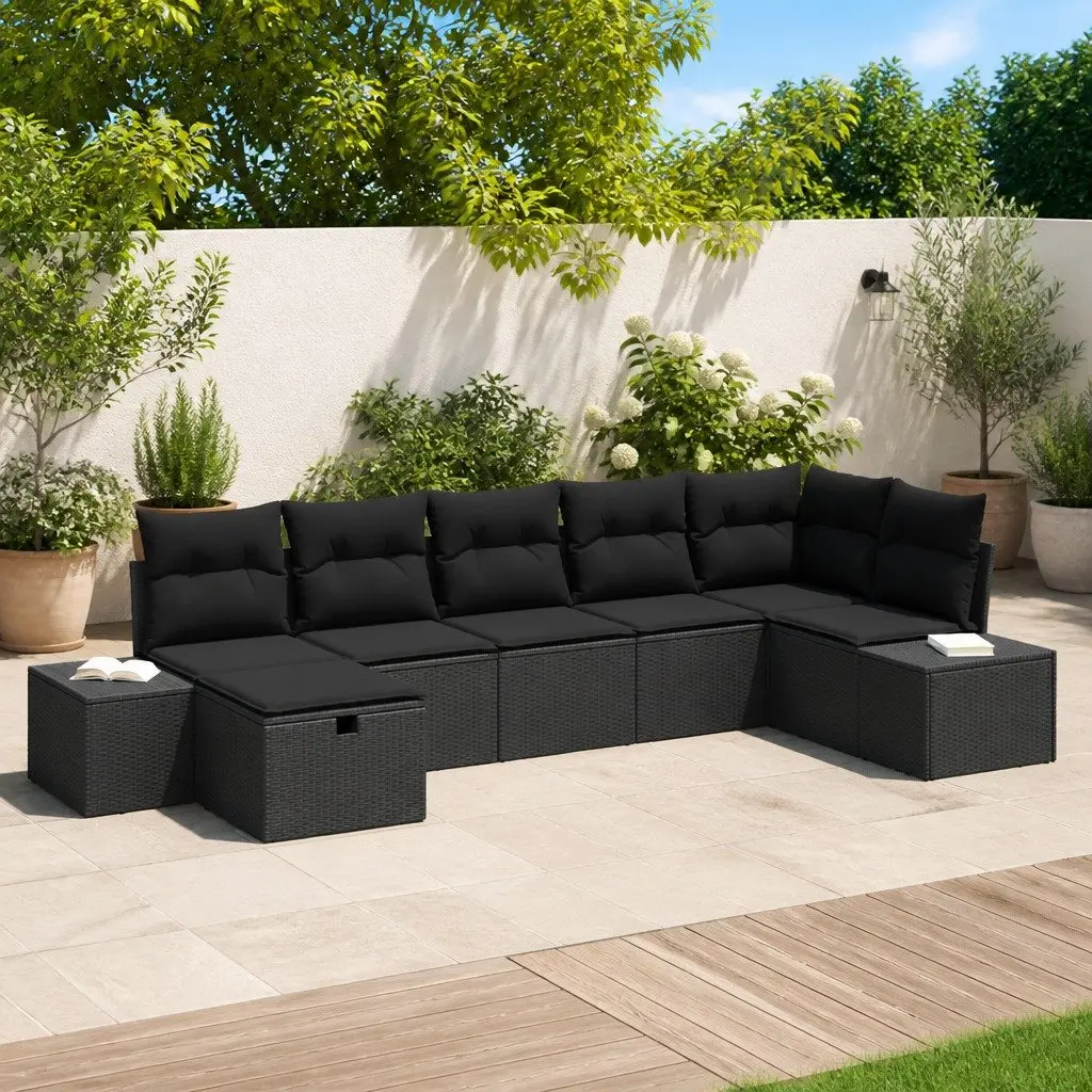 Outdoor Sofa Set 7 Pcs Poly Rattan Modular Garden Patio Seating Black Cushions