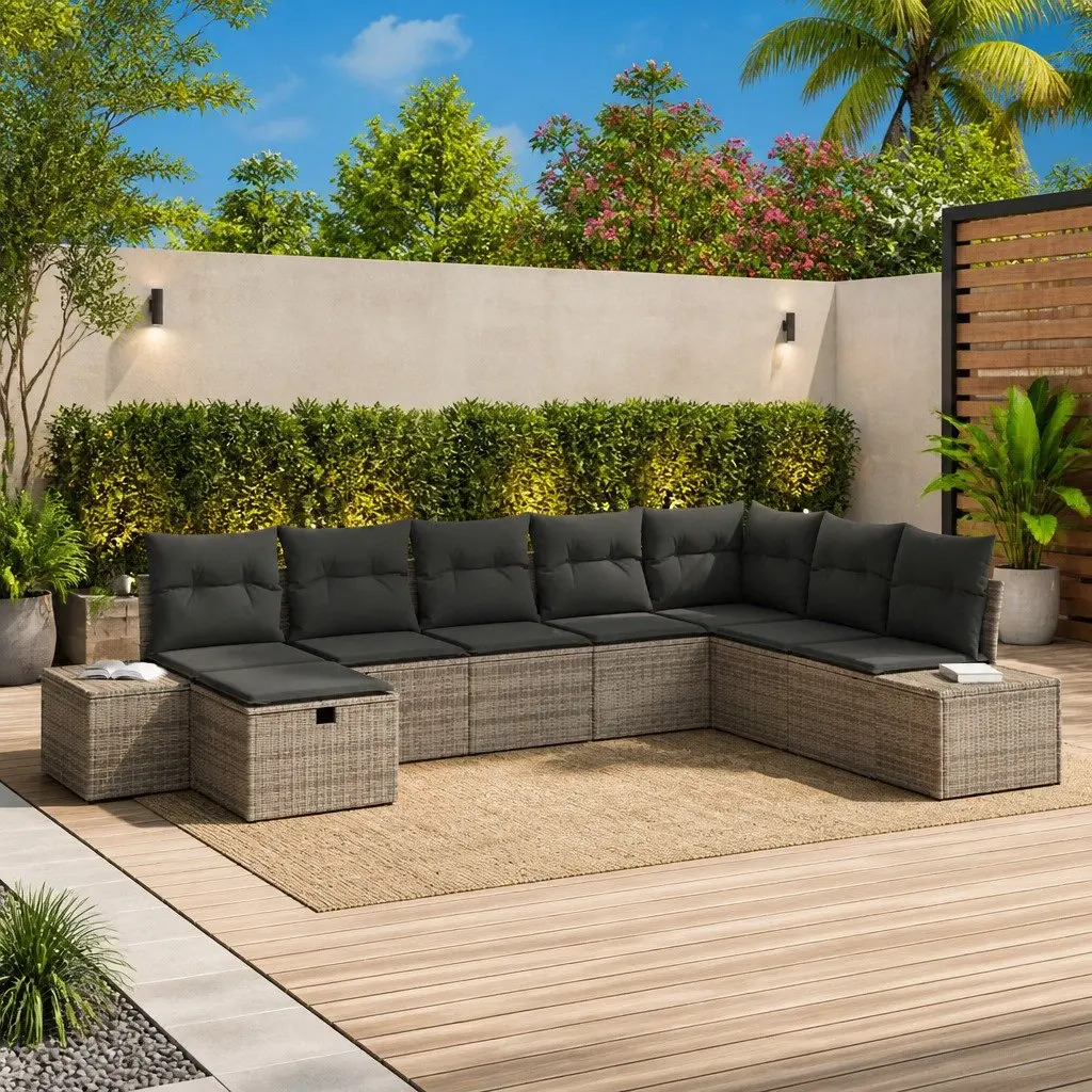 Modular Garden Sofa Set Grey 8 Pieces Rattan Seating with Cushions