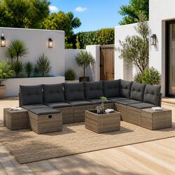 Outdoor Garden Sofa Set Modular Seating 9 Pcs Grey Poly Rattan with Cushions