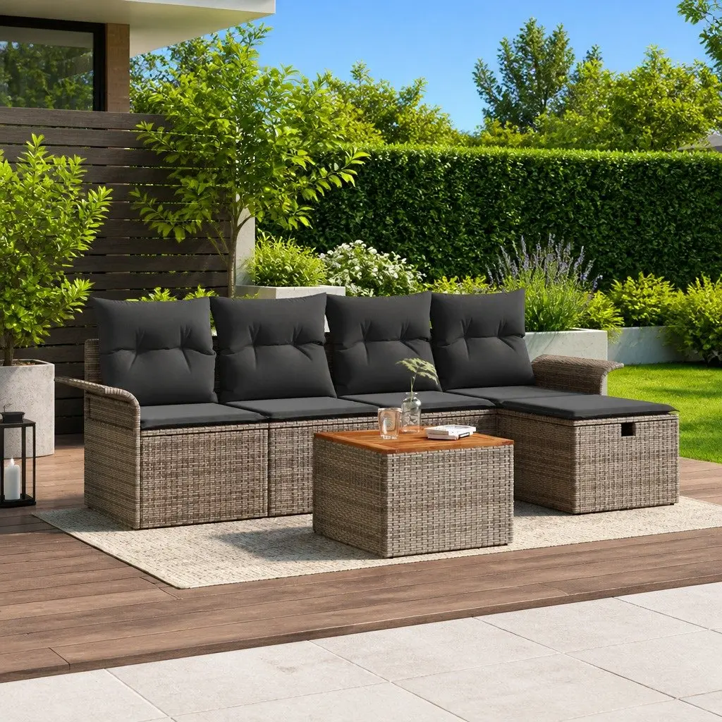 Outdoor Garden Sofa Set Grey Poly Rattan 6 Pieces with Cushions