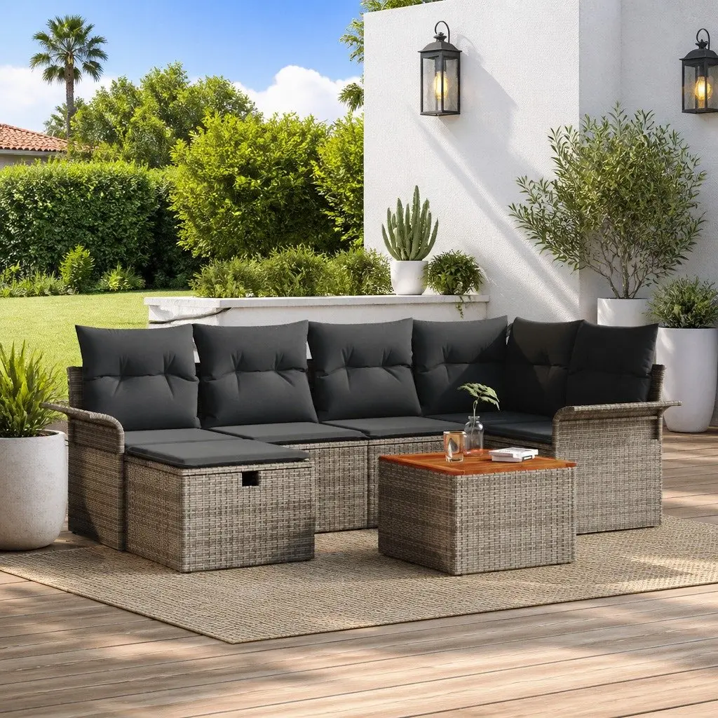 Garden Sofa Set 7 pcs Outdoor Furniture Grey Poly Rattan Modular Sectional with