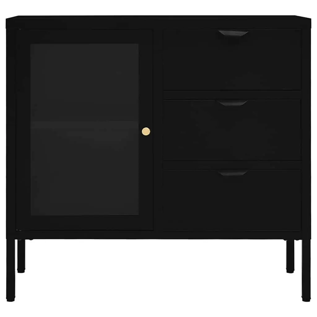 Sideboard Black Storage Cabinet Steel Glass 75x35x70 cm Adjustable Shelf Drawers