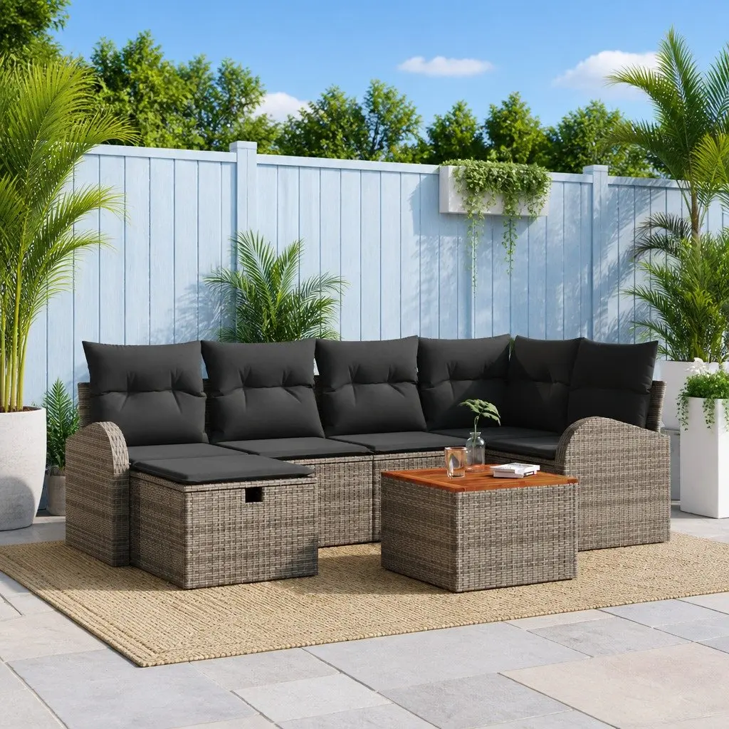 Outdoor Garden Sofa Set 7 pcs Grey Poly Rattan Modular Lounge with Cushions