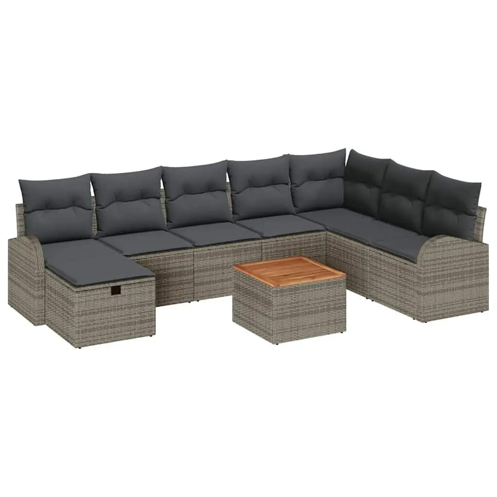 Outdoor Garden Sofa Set 9 Pcs Grey Poly Rattan Lounge Furniture with Cushions