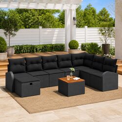 Outdoor Garden Sofa Set 9 Piece Black Poly Rattan Patio Furniture with Cushions