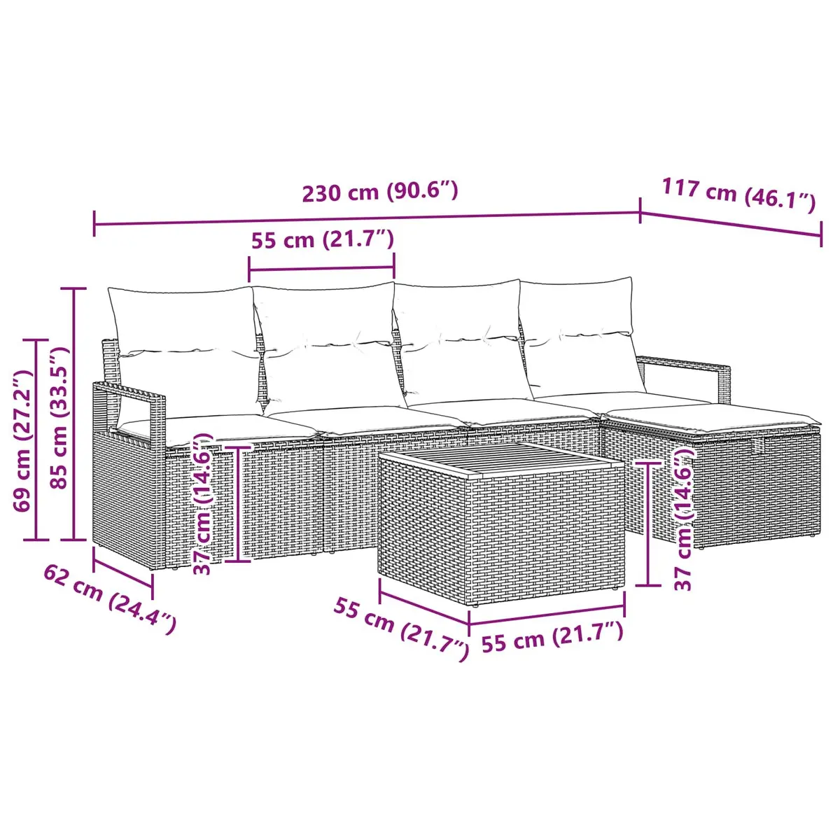 Garden Sofa Set 6 Pieces Grey Outdoor Furniture Patio Lounge Sectional Rattan