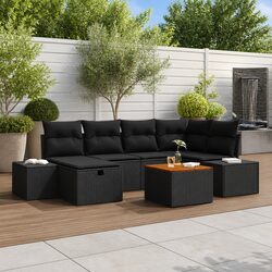 Outdoor Garden Sofa Set 7 Piece Black Poly Rattan with Cushions Corner Seat