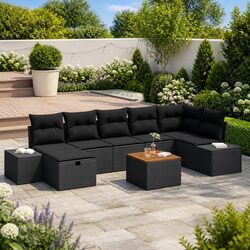 Outdoor Garden Sofa Set 8 Piece Lounge Furniture Black Poly Rattan Modular