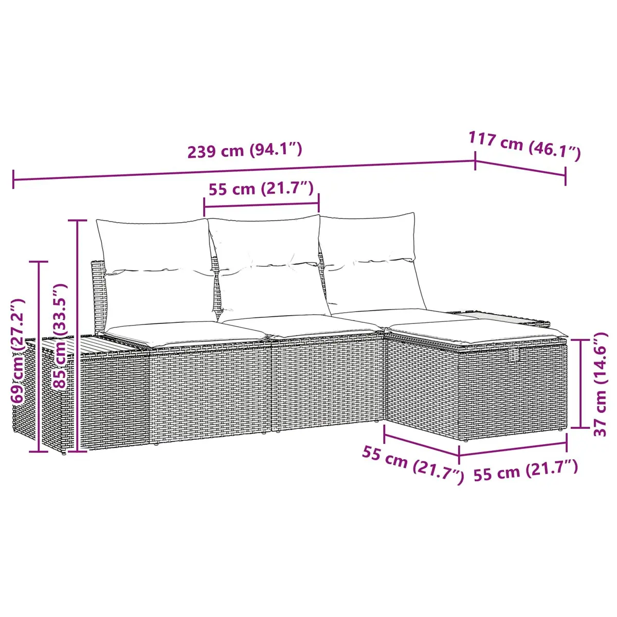 Modular Outdoor Garden Sofa Set Weather Resistant Black Poly Rattan 4 Piece