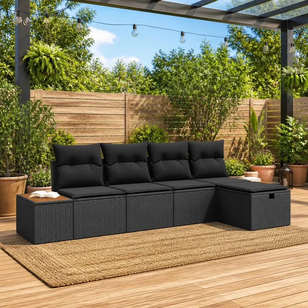 Garden Sofa Set 6 Pieces Black Poly Rattan Modular Outdoor Patio Furniture
