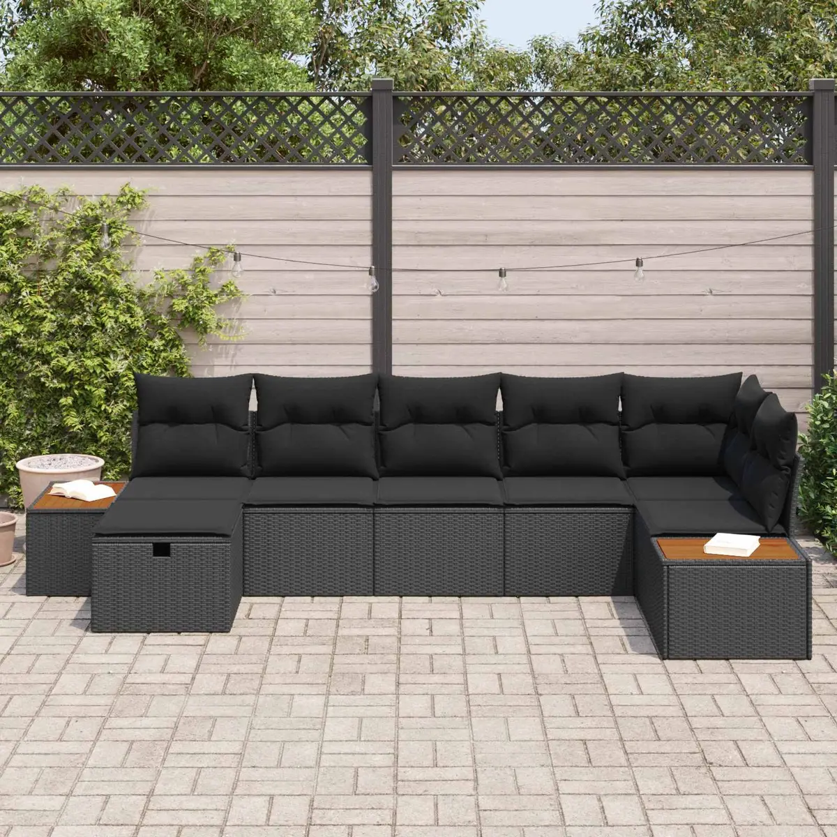 Outdoor Garden Sofa Set 7pcs Black Poly Rattan Modular Seating with Cushions