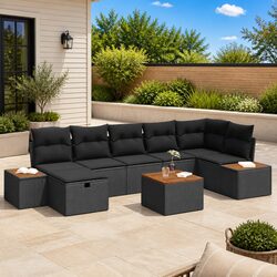 Outdoor Garden Sofa Set 8 Pcs Modular Black Poly Rattan Sectional Lounge Seating