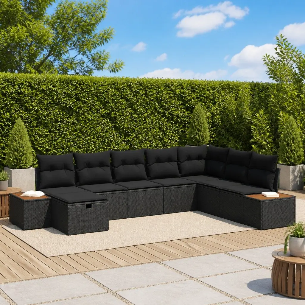 Black Poly Rattan Modular Outdoor Sofa Set with Integrated Storage and Removable Cushions