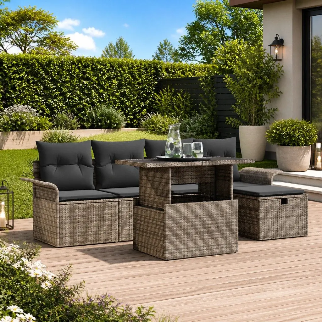 Modular Garden Sofa Set Grey Poly Rattan Outdoor Patio Furniture 6 Piece