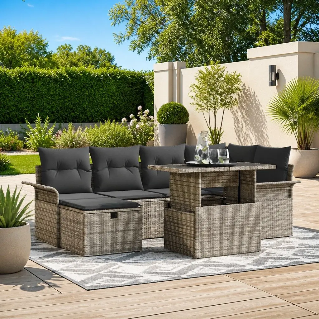 Modular Garden Sofa Set Grey 7 Pieces Poly Rattan Outdoor Furniture with Adjustable Table