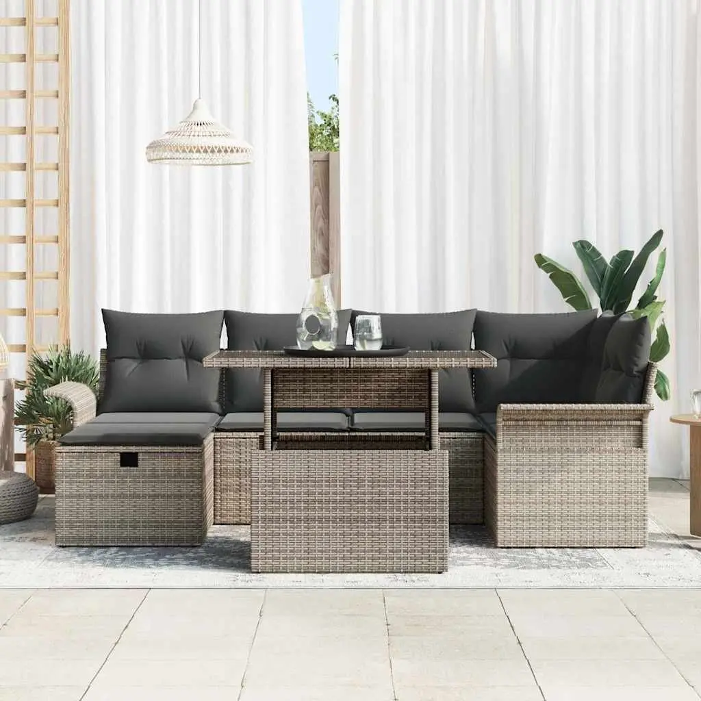 Modular Garden Sofa Set Grey 7 Pieces Poly Rattan Outdoor Furniture with Adjustable Table