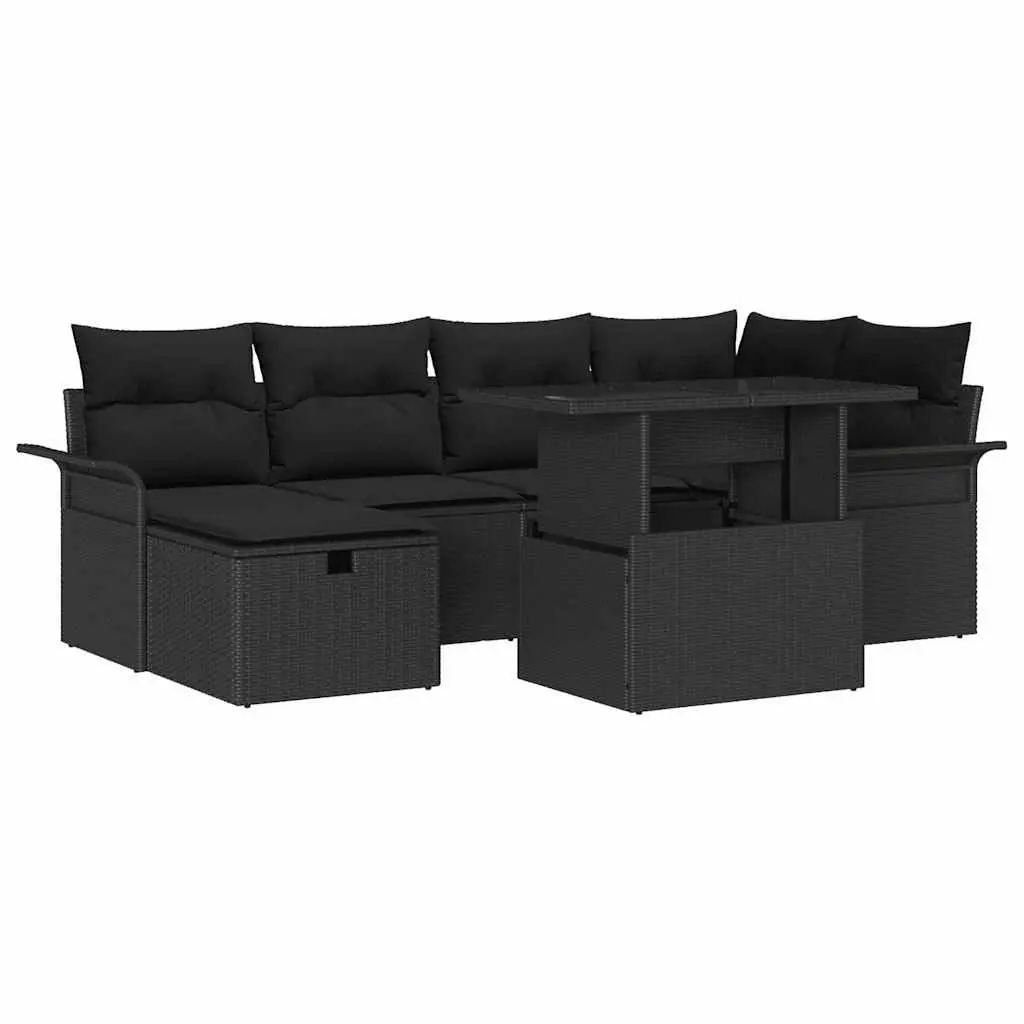 Modular Garden Sofa Set 7 Pieces Black Poly Rattan Outdoor Furniture with Table