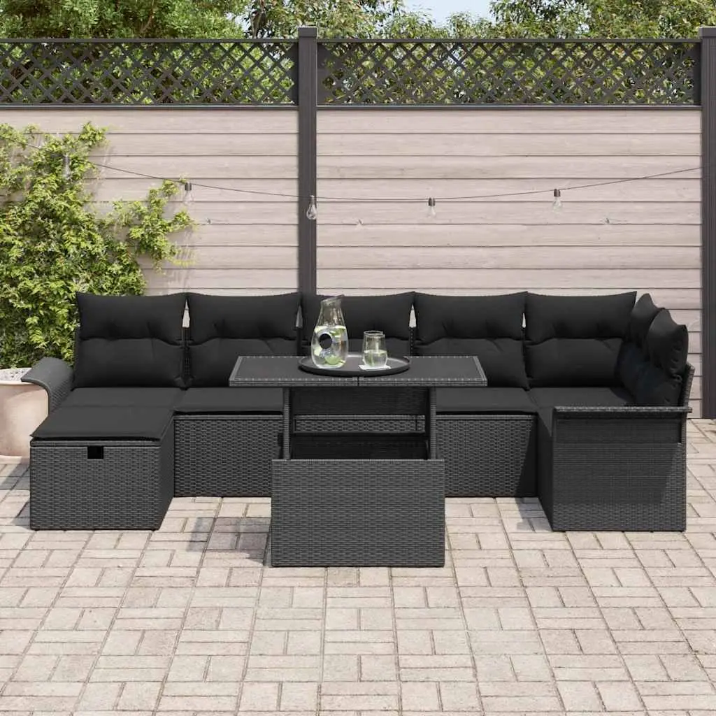 Modular Garden Sofa Set Black Poly Rattan 8 Pieces Outdoor Furniture
