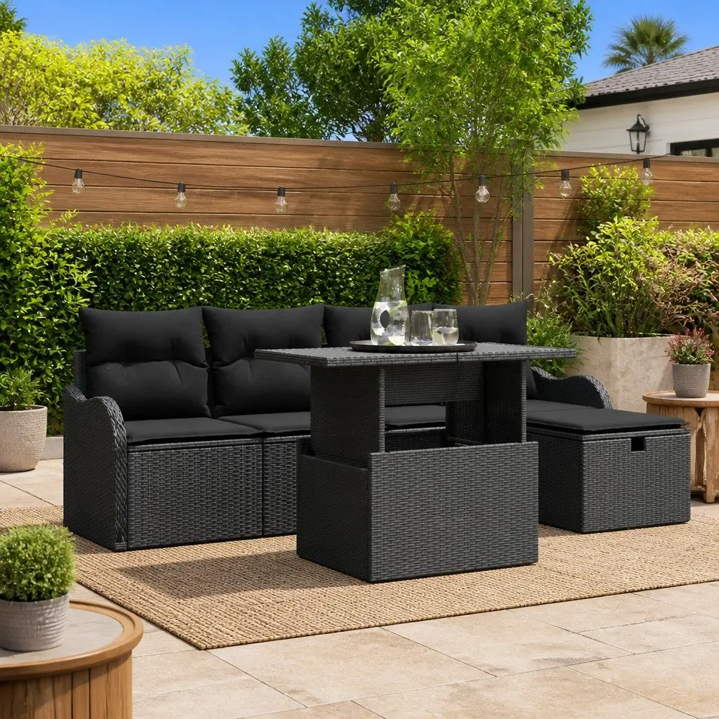 Garden Sofa Set Modular Outdoor Furniture Black Poly Rattan 6 Piece