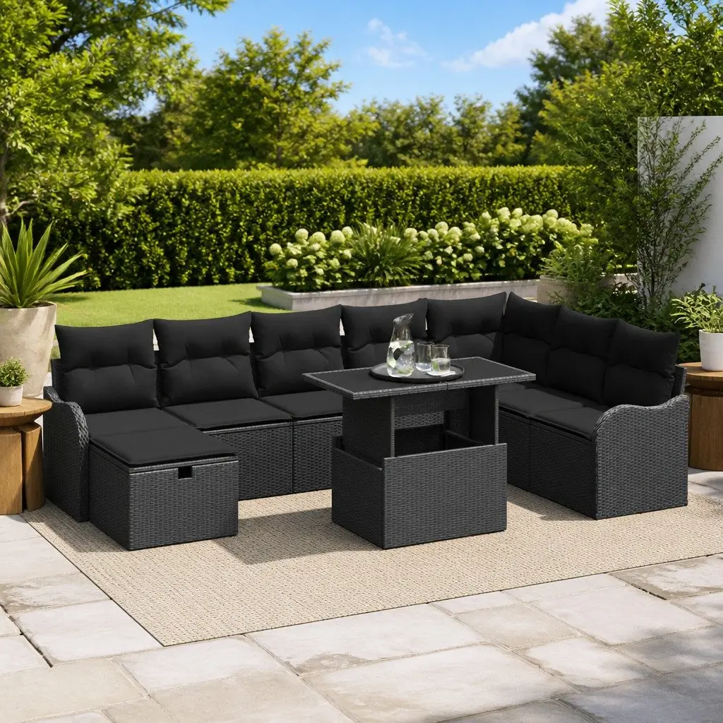 Modular Garden Sofa Set Black Poly Rattan 9 Pieces Outdoor Furniture