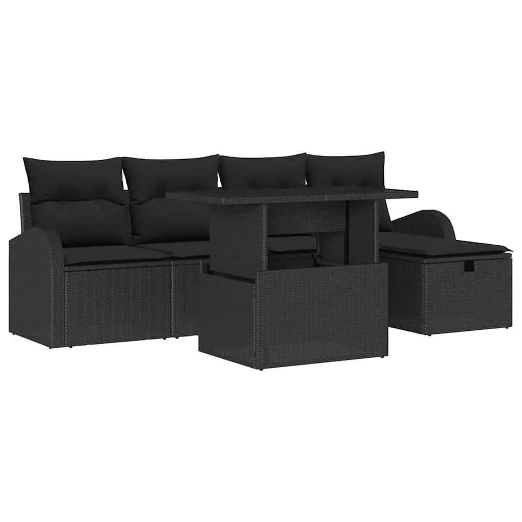 Modular Garden Sofa Set 6 Piece Outdoor Furniture Black Poly Rattan with Cushions