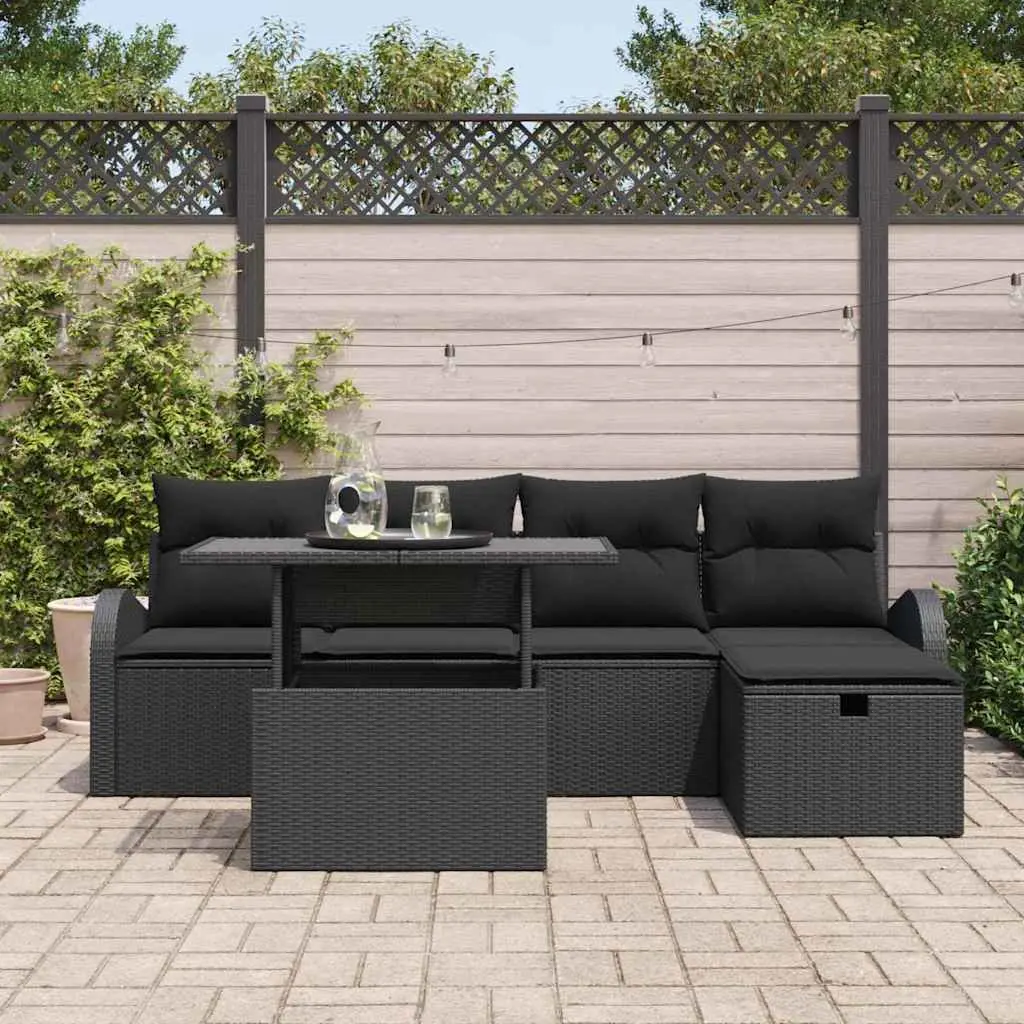Modular Garden Sofa Set 6 Piece Outdoor Furniture Black Poly Rattan with Cushions