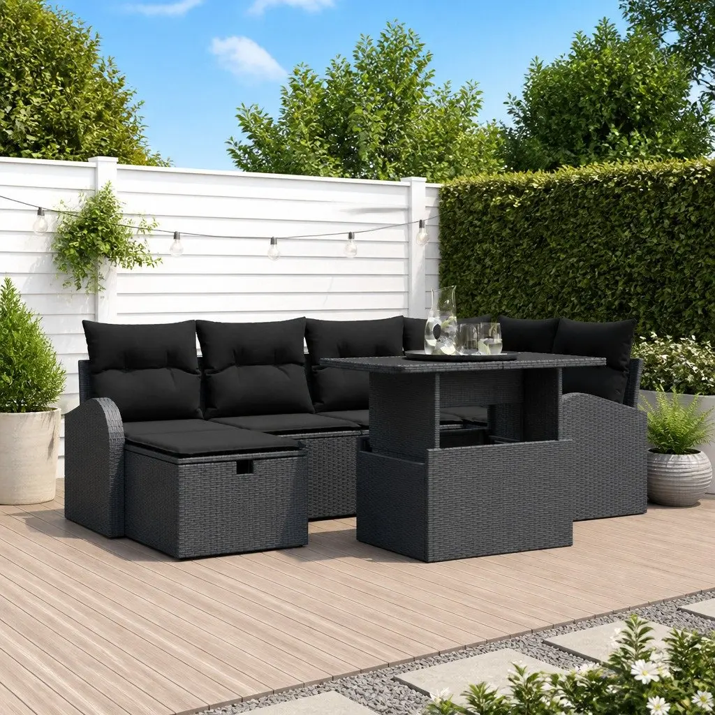 Garden Sofa Set 7 Piece Modular Outdoor Furniture Black Poly Rattan Seating