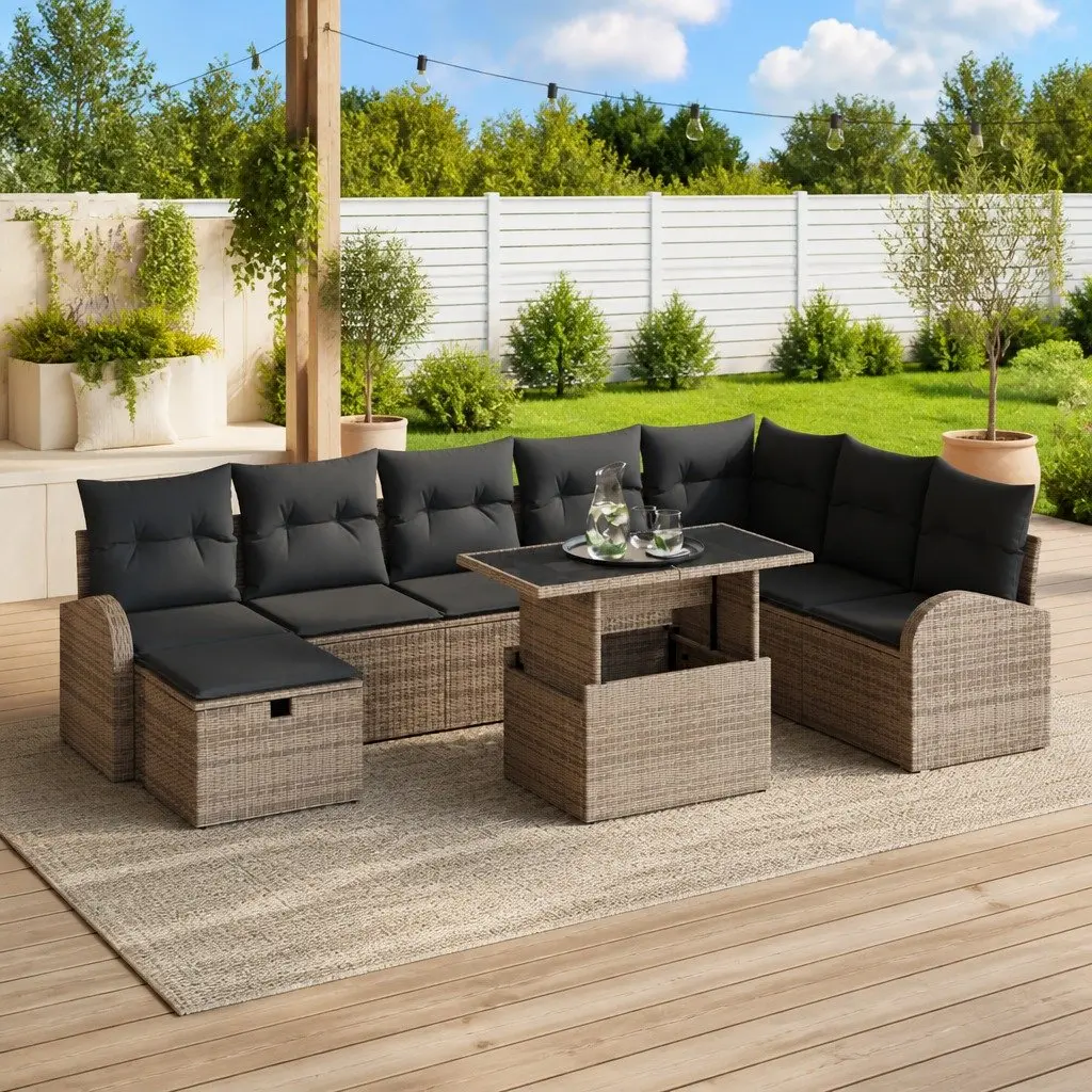 Outdoor Garden Sofa Set Modular Grey Poly Rattan 9 Piece with Height Adjustable Table and Cushions