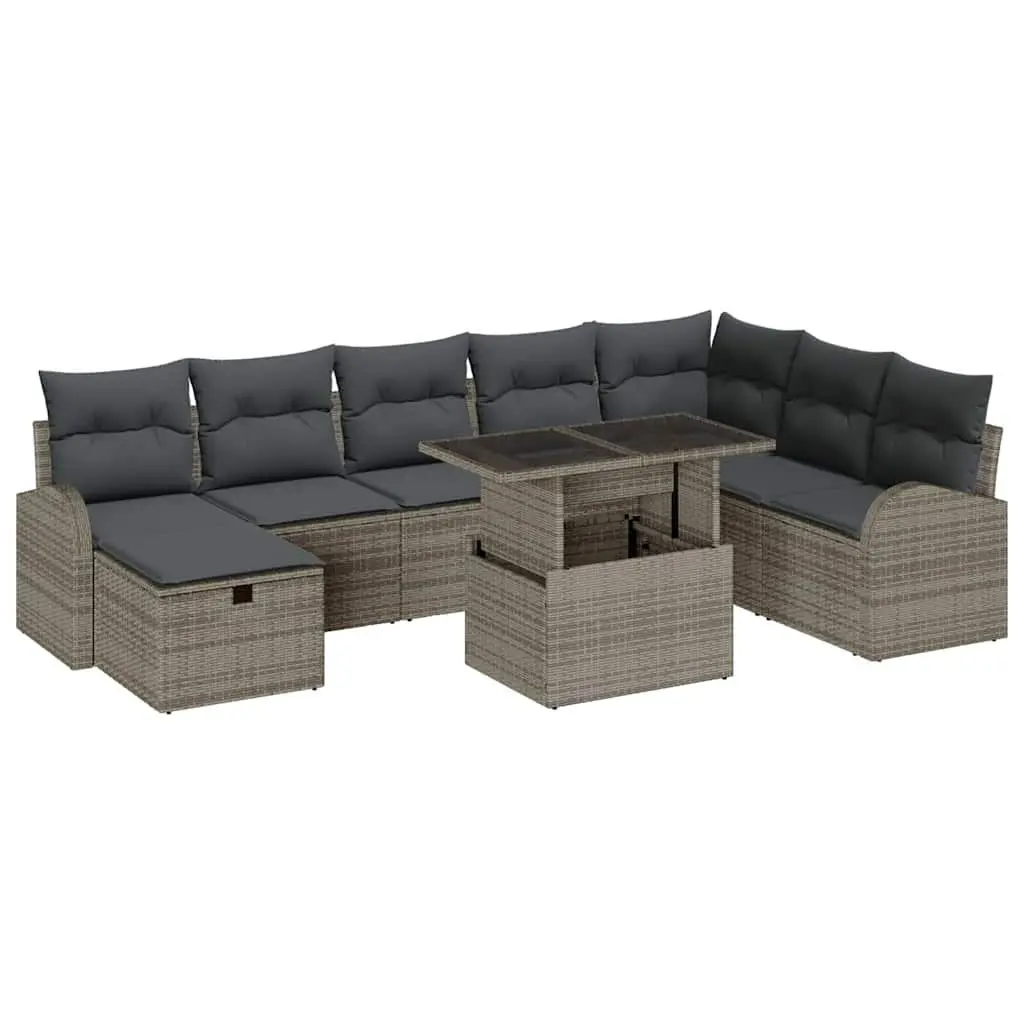 Outdoor Garden Sofa Set Modular Grey Poly Rattan 9 Piece with Height Adjustable Table and Cushions