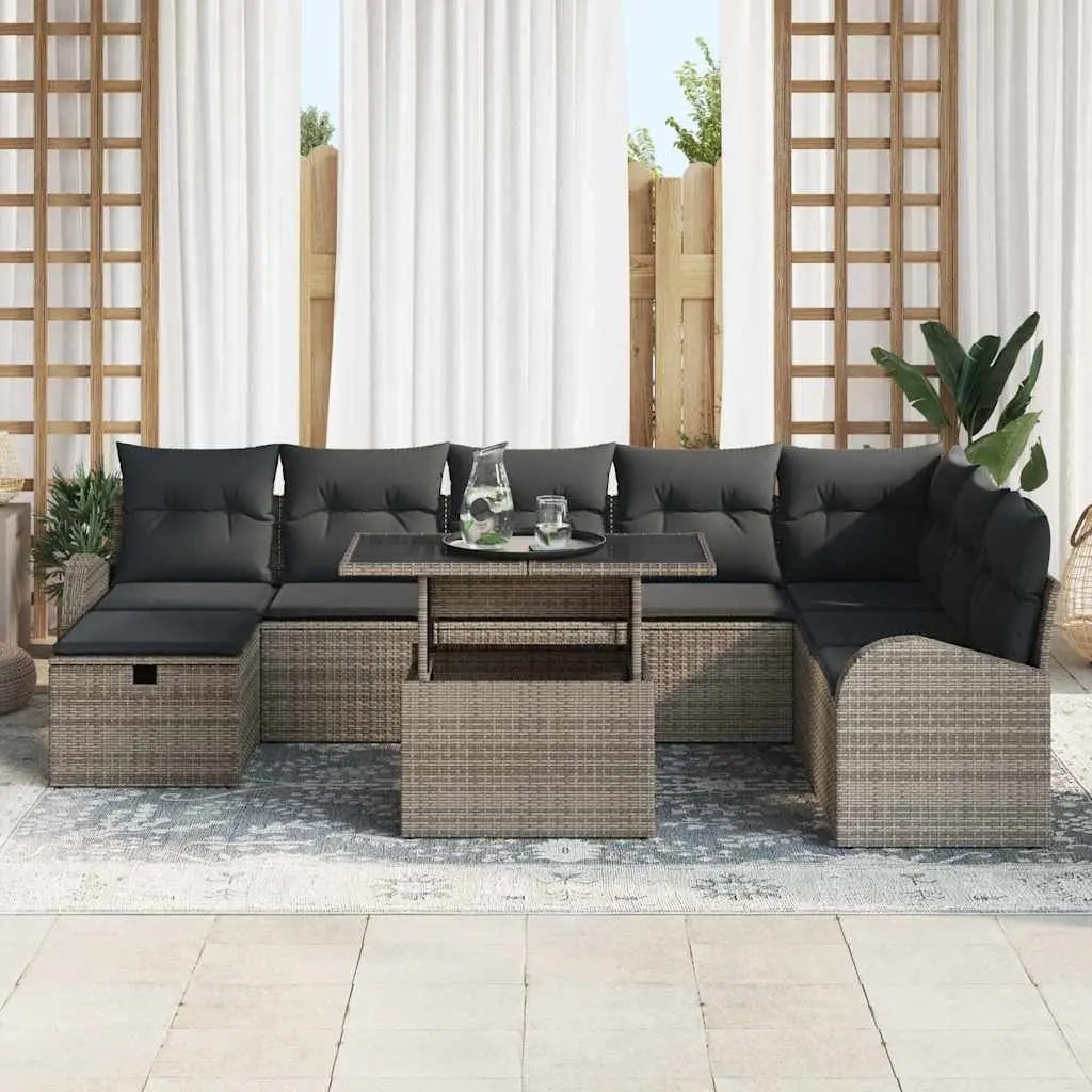 Outdoor Garden Sofa Set Modular Grey Poly Rattan 9 Piece with Height Adjustable Table and Cushions