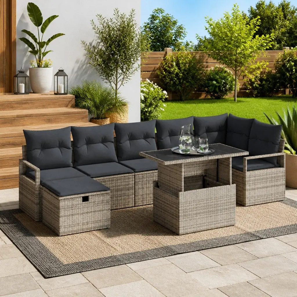Outdoor Garden Sofa Set Modular Lounge Furniture 8 Pcs Grey Poly Rattan