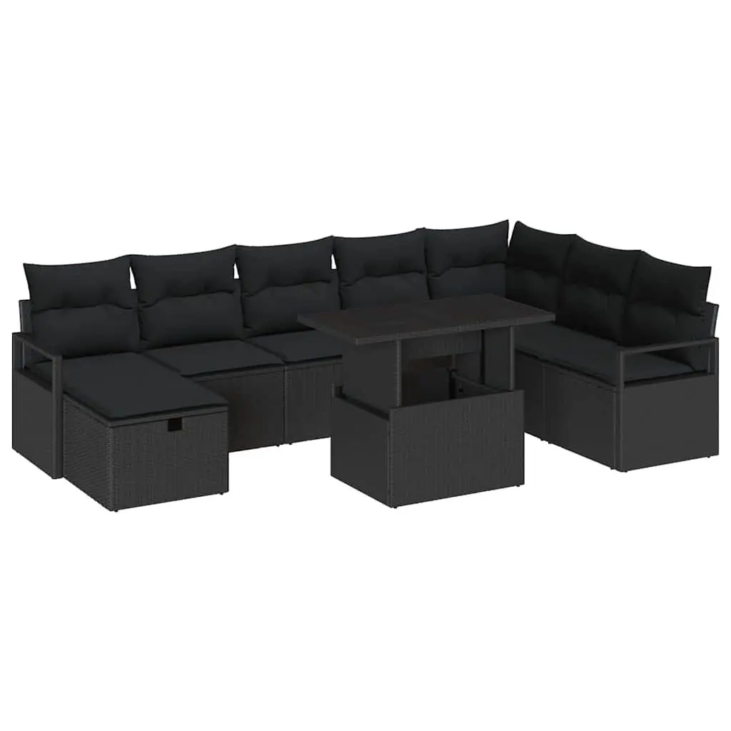 Modular Outdoor Garden Sofa Set 9 pcs Poly Rattan Black with Height Adjustable Table