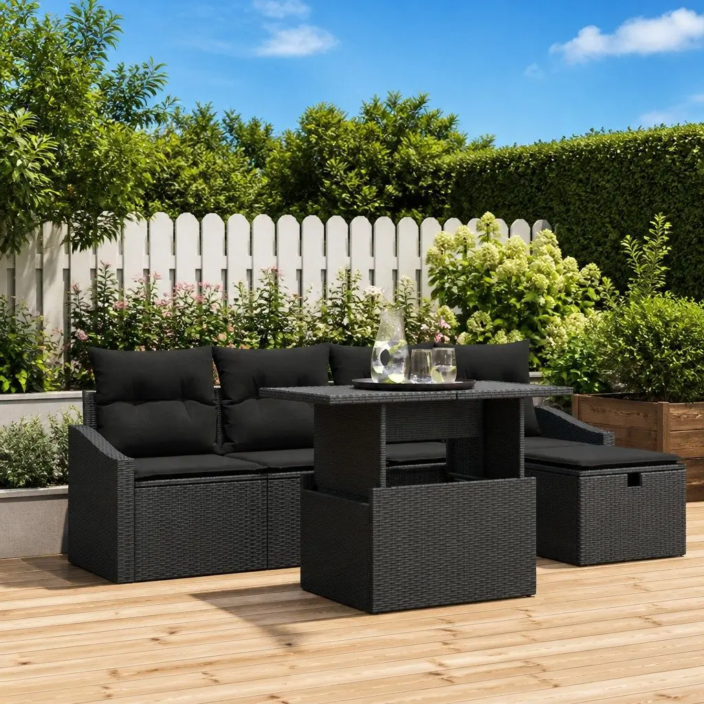 Garden Sofa Set 6 Piece Black Modular Outdoor Furniture Patio Rattan Lounge