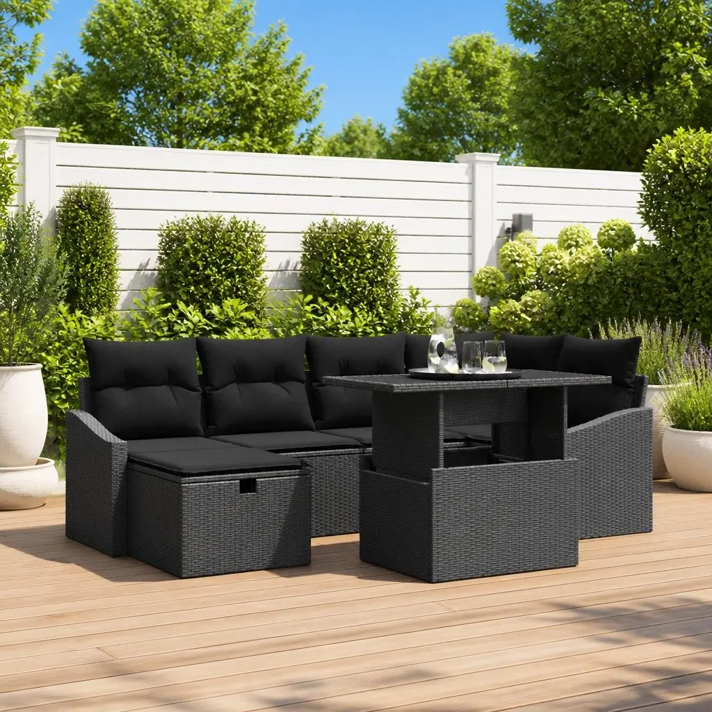 Modular Garden Sofa Set Black Poly Rattan 7 Pieces Outdoor Furniture