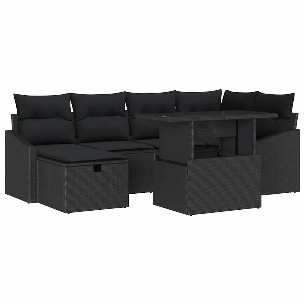 Modular Garden Sofa Set Black Poly Rattan 7 Pieces Outdoor Furniture